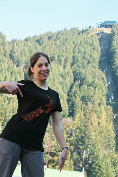 Ziptrek Trip Advisor tag cloud t-shirt with model Jen Lindsall